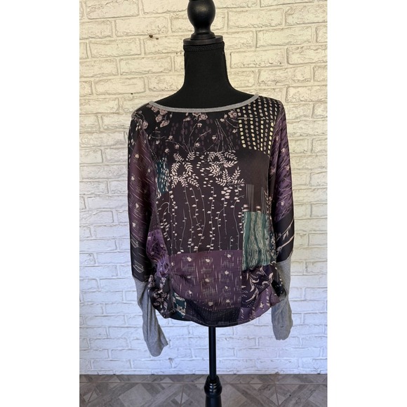 Anthropologie Tiny Patchwork Print Long Sleeve Top Gray Knit Contrast Womens L - Picture 1 of 10